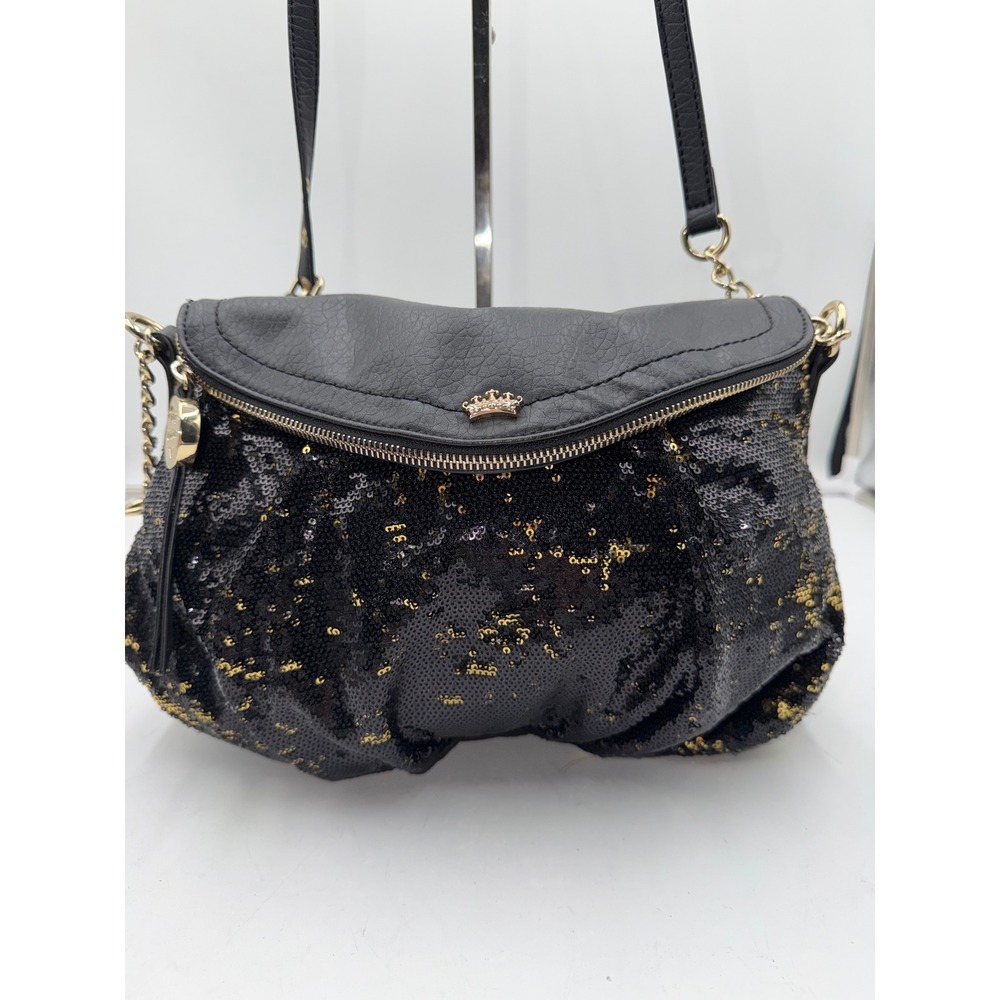 Crown Accent Black & Gold Sequin Shoulder Bag